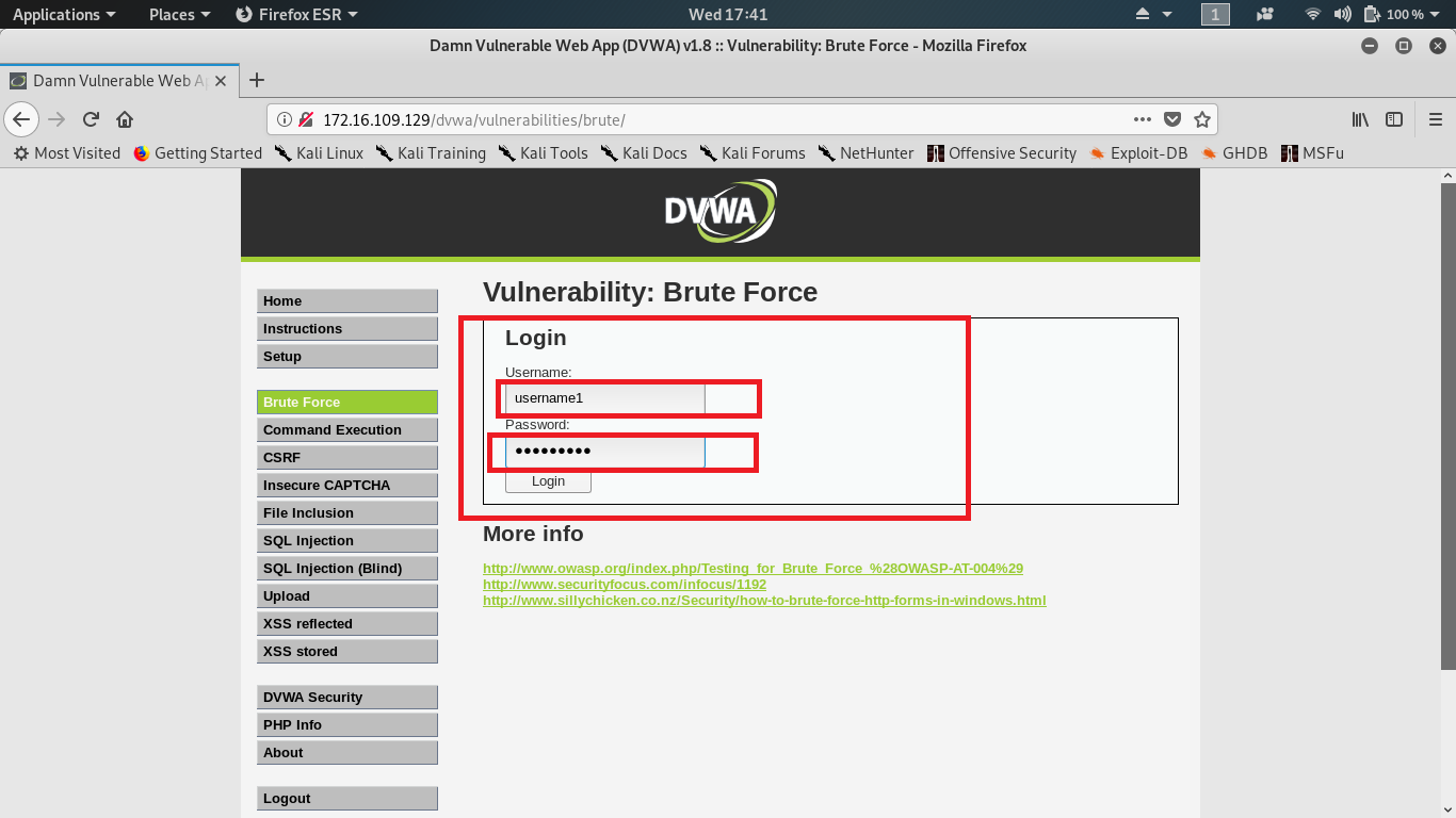 DVWA Brute Force Page